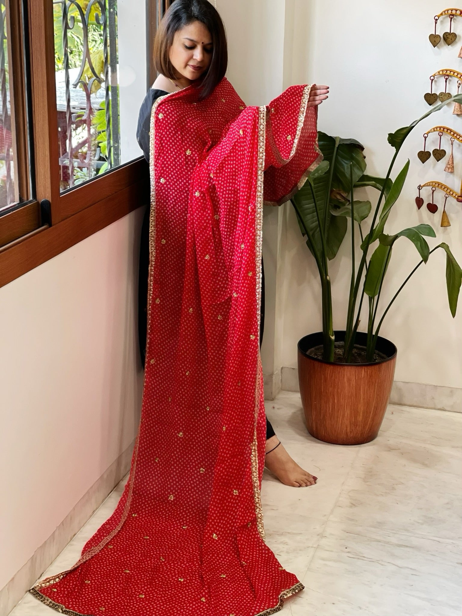 Red Printed Bandhej Chinon Dupatta with Sequin Butas and Border - Masakalee
