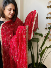 Red Printed Bandhej Chinon Dupatta with Sequin Butas and Border - Masakalee
