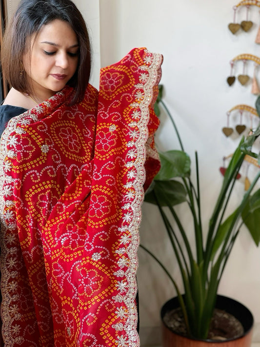 Red Printed Viscose Georgette Bandhej Dupatta with Gold Thread & Sequin Embroidered Border - Masakalee