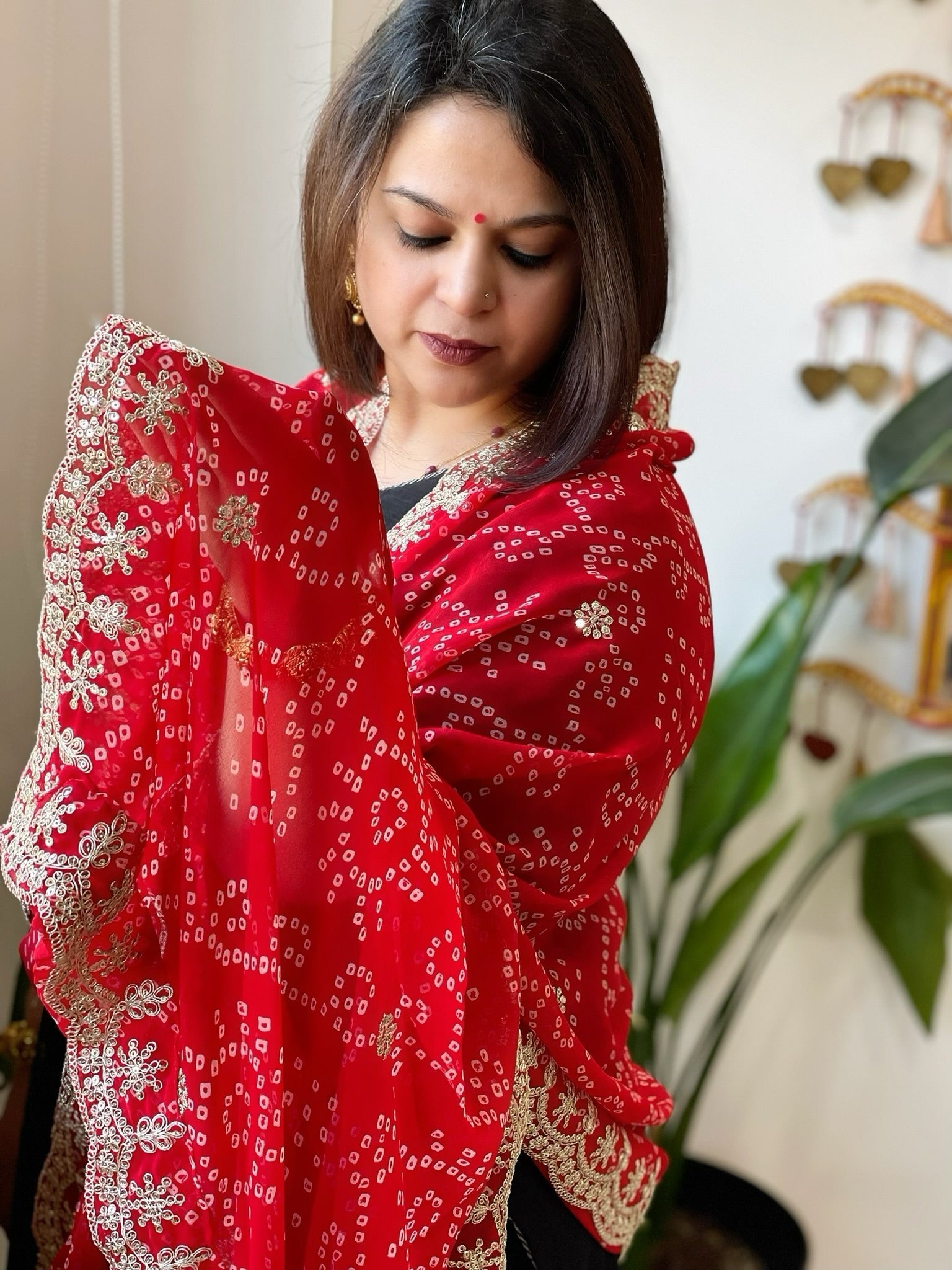 Red Printed Viscose Georgette Bandhej Dupatta with Gold Thread & Sequin Embroidered Border - Masakalee