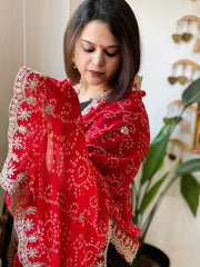 Red Printed Viscose Georgette Bandhej Dupatta with Gold Thread & Sequin Embroidered Border - Masakalee