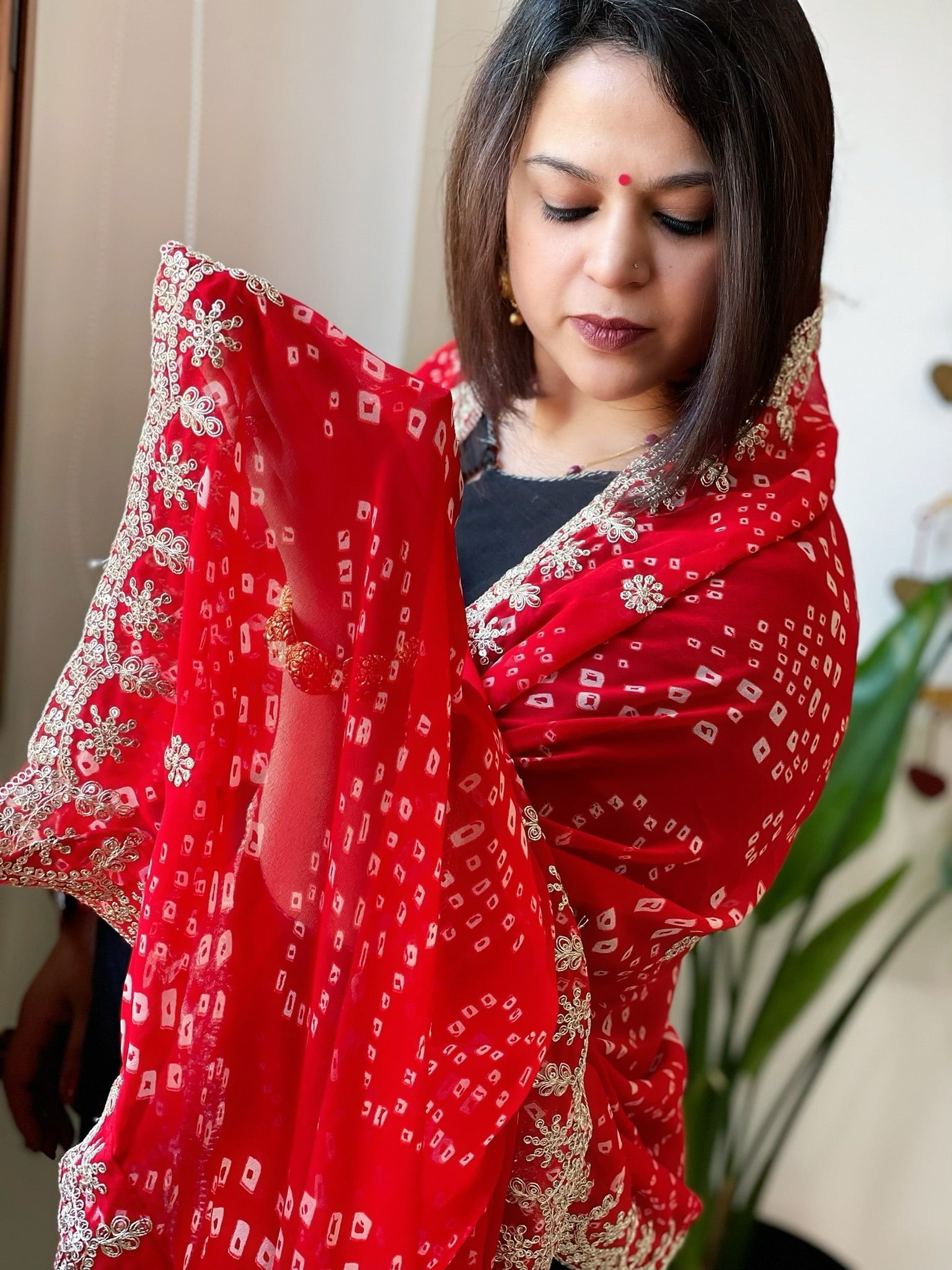 Red Printed Viscose Georgette Bandhej Dupatta with Gold Thread & Sequin Embroidered Border - Masakalee