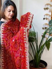 Red Printed Viscose Georgette Bandhej Dupatta with Gold Thread & Sequin Embroidered Border - Masakalee