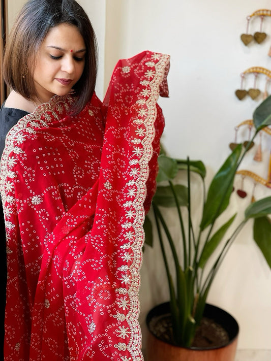 Red Printed Viscose Georgette Bandhej Dupatta with Gold Thread & Sequin Embroidered Border - Masakalee