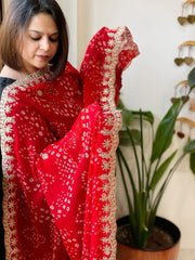 Red Printed Viscose Georgette Bandhej Dupatta with Gold Thread & Sequin Embroidered Border - Masakalee