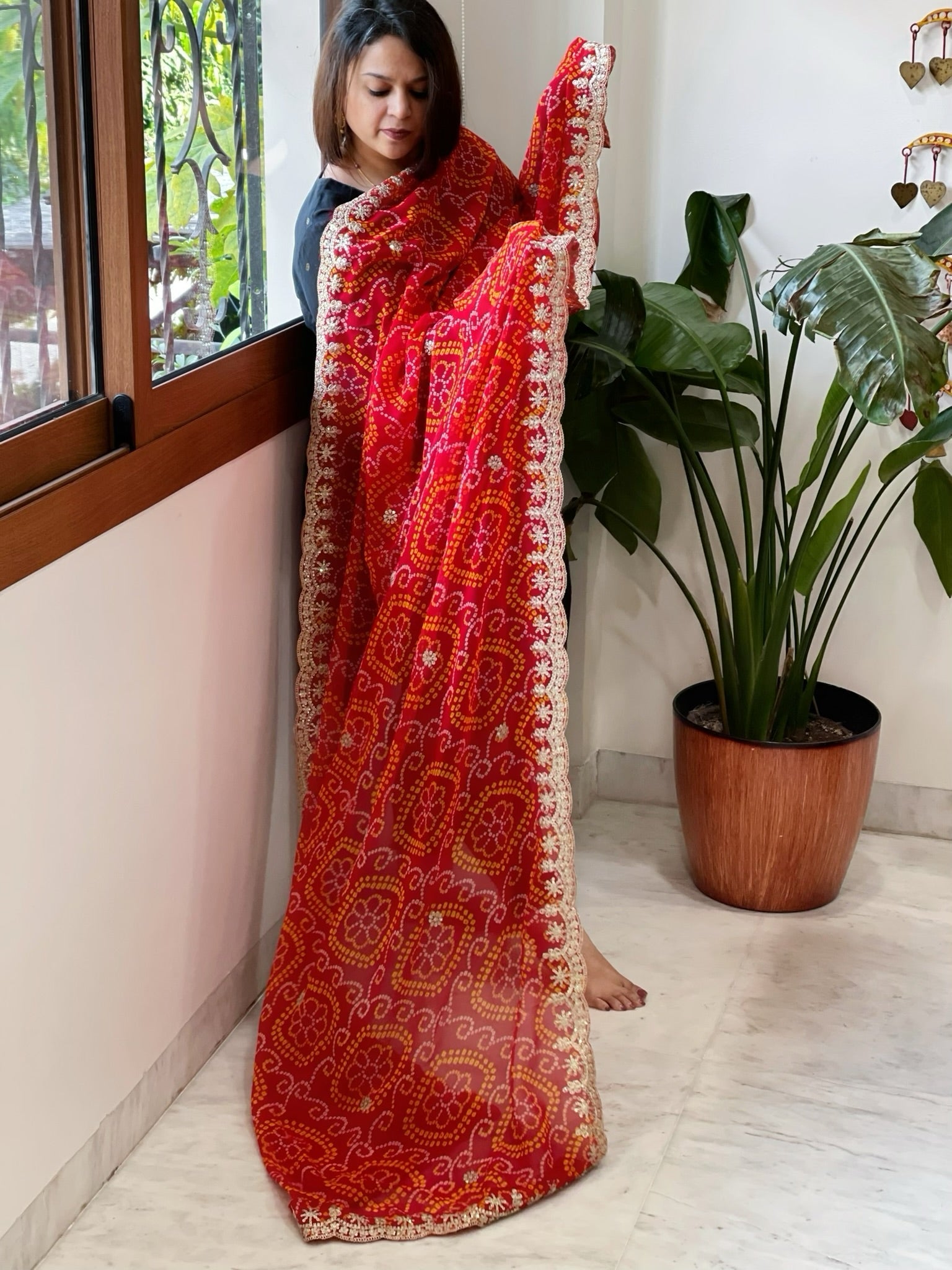 Red Printed Viscose Georgette Bandhej Dupatta with Gold Thread & Sequin Embroidered Border - Masakalee