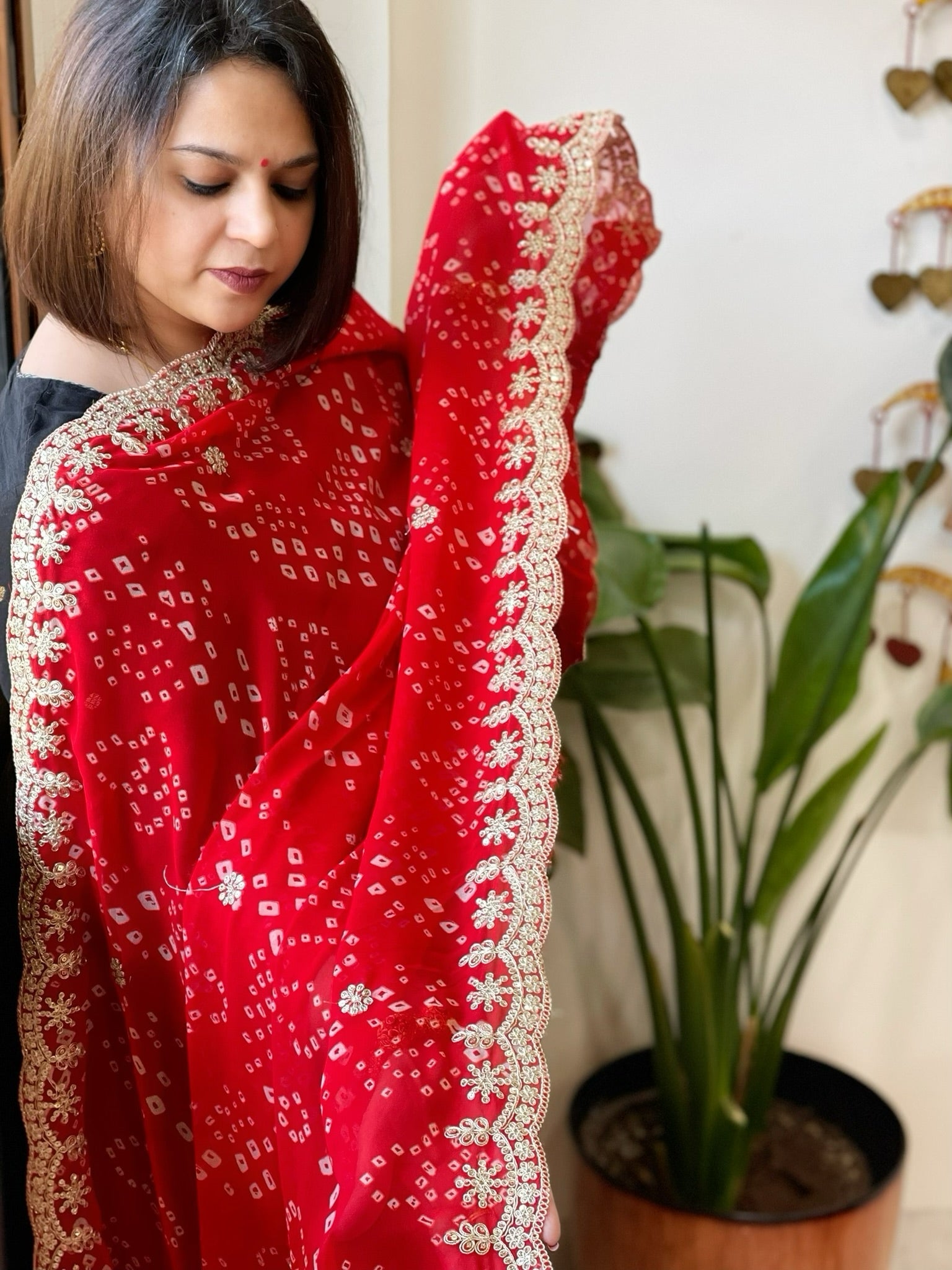 Red Printed Viscose Georgette Bandhej Dupatta with Gold Thread & Sequin Embroidered Border - Masakalee