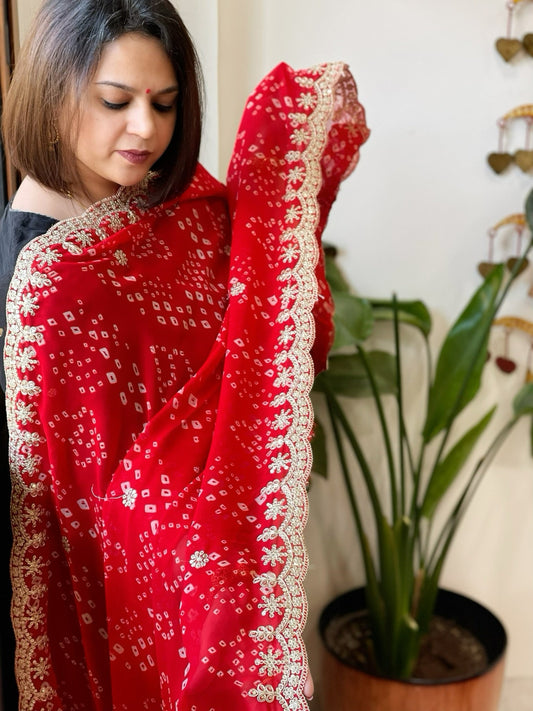 Red Printed Viscose Georgette Bandhej Dupatta with Gold Thread & Sequin Embroidered Border - Masakalee