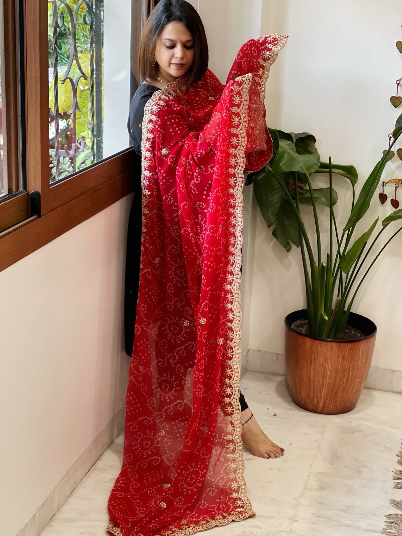 Red Printed Viscose Georgette Bandhej Dupatta with Gold Thread & Sequin Embroidered Border - Masakalee