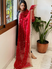 Red Printed Viscose Georgette Bandhej Dupatta with Gold Thread & Sequin Embroidered Border - Masakalee