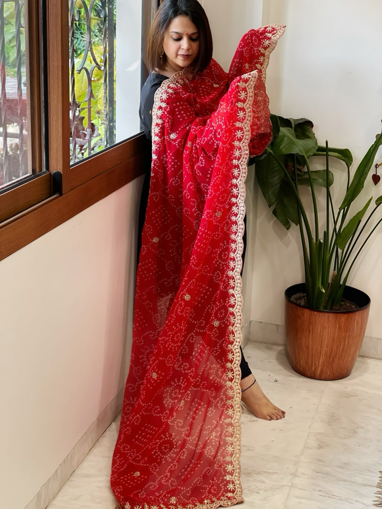 Red Printed Viscose Georgette Bandhej Dupatta with Gold Thread & Sequin Embroidered Border - Masakalee