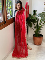 Red Printed Viscose Georgette Leheriya Dupatta with Gold Thread & Sequin Embroidered Border - Masakalee