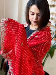 Red Printed Viscose Georgette Leheriya Dupatta with Gold Thread & Sequin Embroidered Border - Masakalee