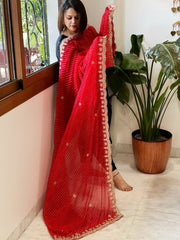 Red Printed Viscose Georgette Leheriya Dupatta with Gold Thread & Sequin Embroidered Border - Masakalee