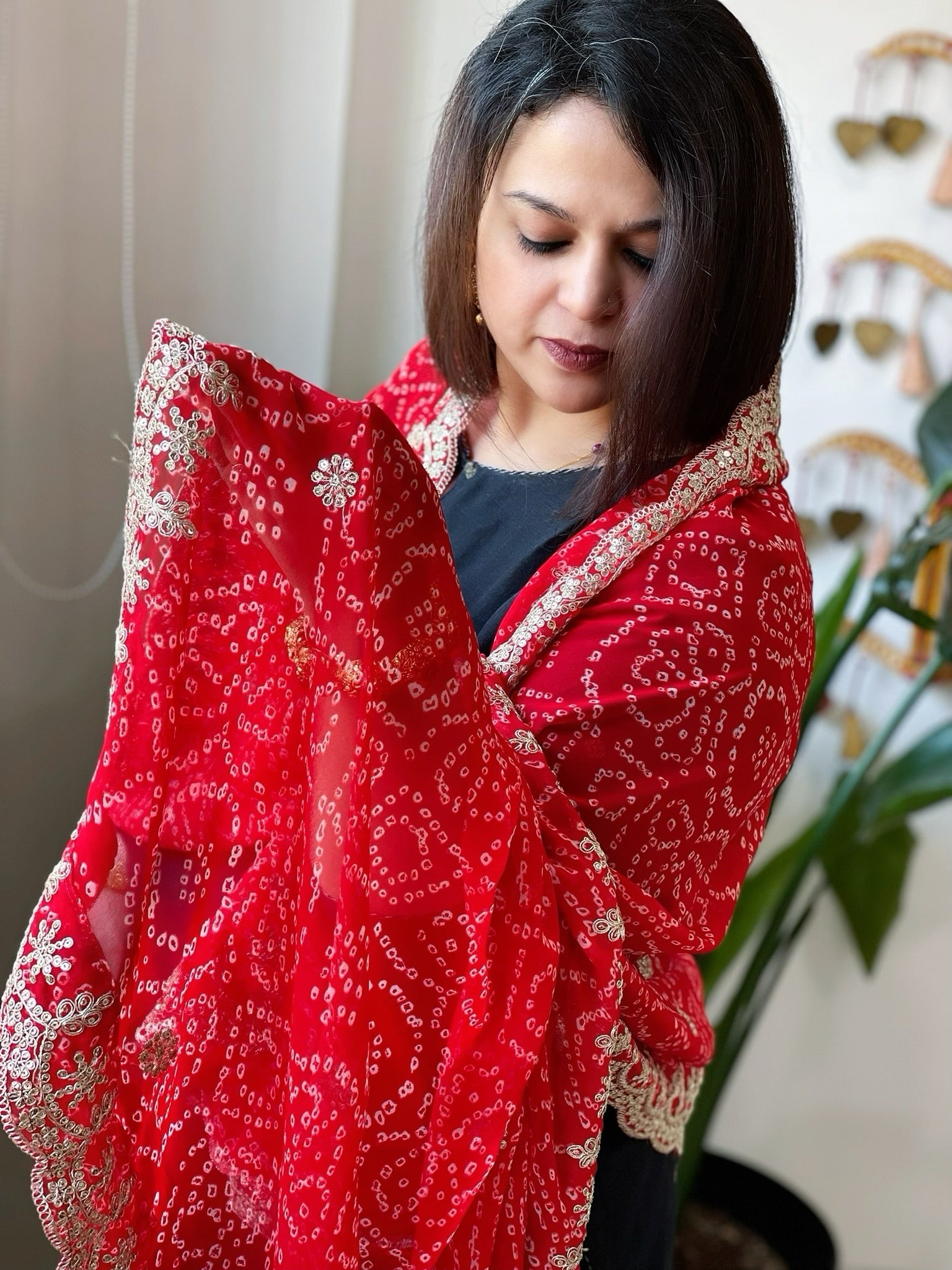 Red Printed Viscose Georgette Leheriya Dupatta with Gold Thread & Sequin Embroidered Border - Masakalee