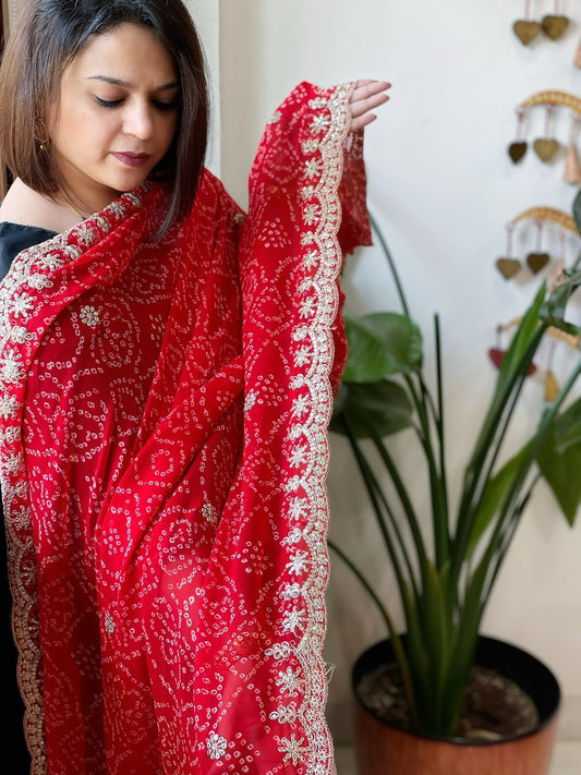 Red Printed Viscose Georgette Leheriya Dupatta with Gold Thread & Sequin Embroidered Border - Masakalee