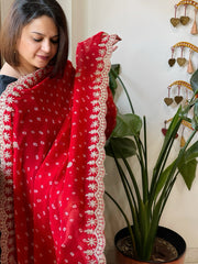 Red Printed Viscose Georgette Leheriya Dupatta with Gold Thread & Sequin Embroidered Border - Masakalee