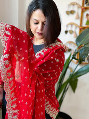 Red Printed Viscose Georgette Leheriya Dupatta with Gold Thread & Sequin Embroidered Border - Masakalee