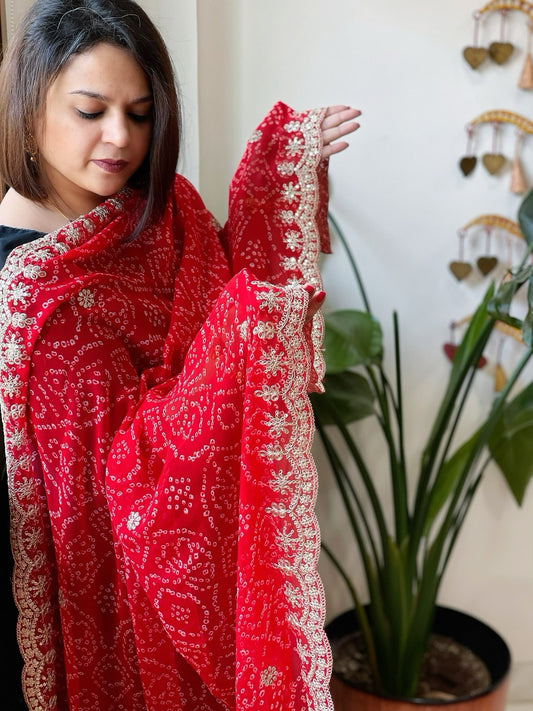 Red Printed Viscose Georgette Leheriya Dupatta with Gold Thread & Sequin Embroidered Border - Masakalee