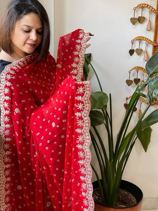 Red Printed Viscose Georgette Leheriya Dupatta with Gold Thread & Sequin Embroidered Border - Masakalee