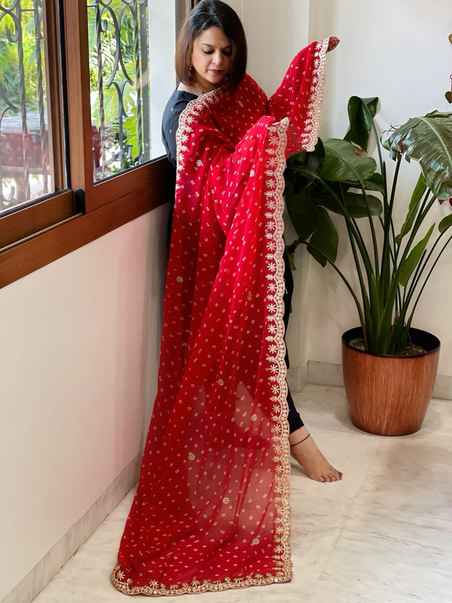 Red Printed Viscose Georgette Leheriya Dupatta with Gold Thread & Sequin Embroidered Border - Masakalee