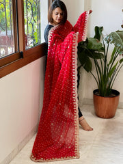 Red Printed Viscose Georgette Leheriya Dupatta with Gold Thread & Sequin Embroidered Border - Masakalee