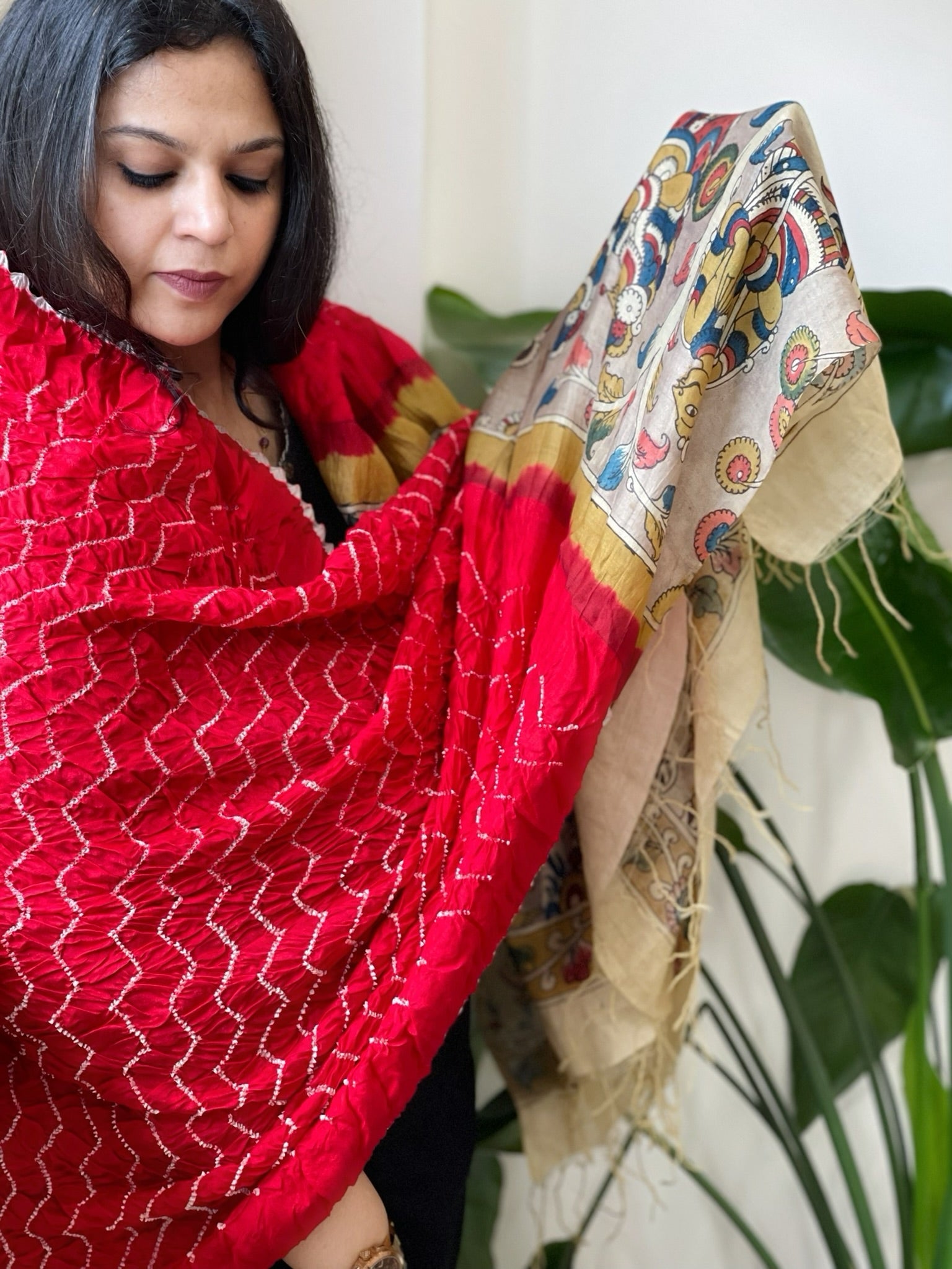 Red Rai Bandhej Dupatta with Handpainted Kalamkari Pallu in Pure Muga Silk - Masakalee