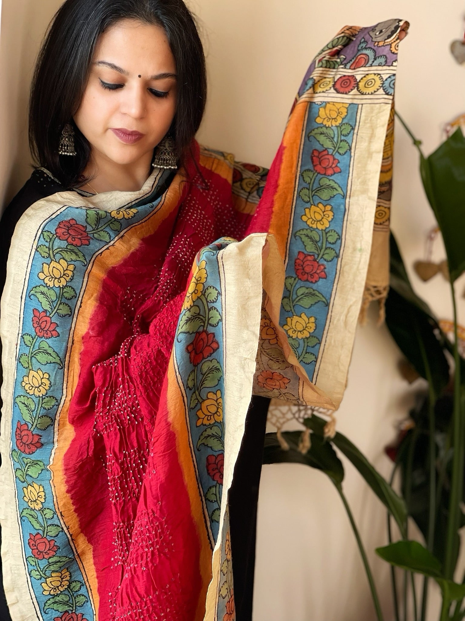 Red Rai Bandhej Dupatta with Handpainted Kalamkari Pallu in Pure Muga Silk - Masakalee