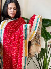 Red Rai Bandhej Dupatta with Kantha Handwork in Pure Munga Tussar Silk - Masakalee