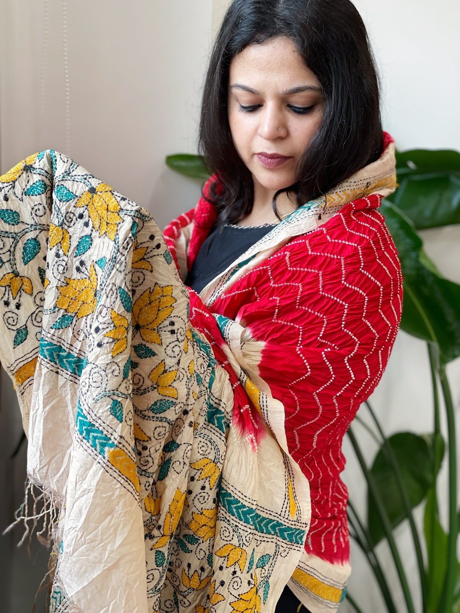 Red Rai Bandhej Dupatta with Kantha Handwork in Pure Munga Tussar Silk - Masakalee