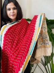 Red Rai Bandhej Dupatta with Kantha Handwork in Pure Munga Tussar Silk - Masakalee