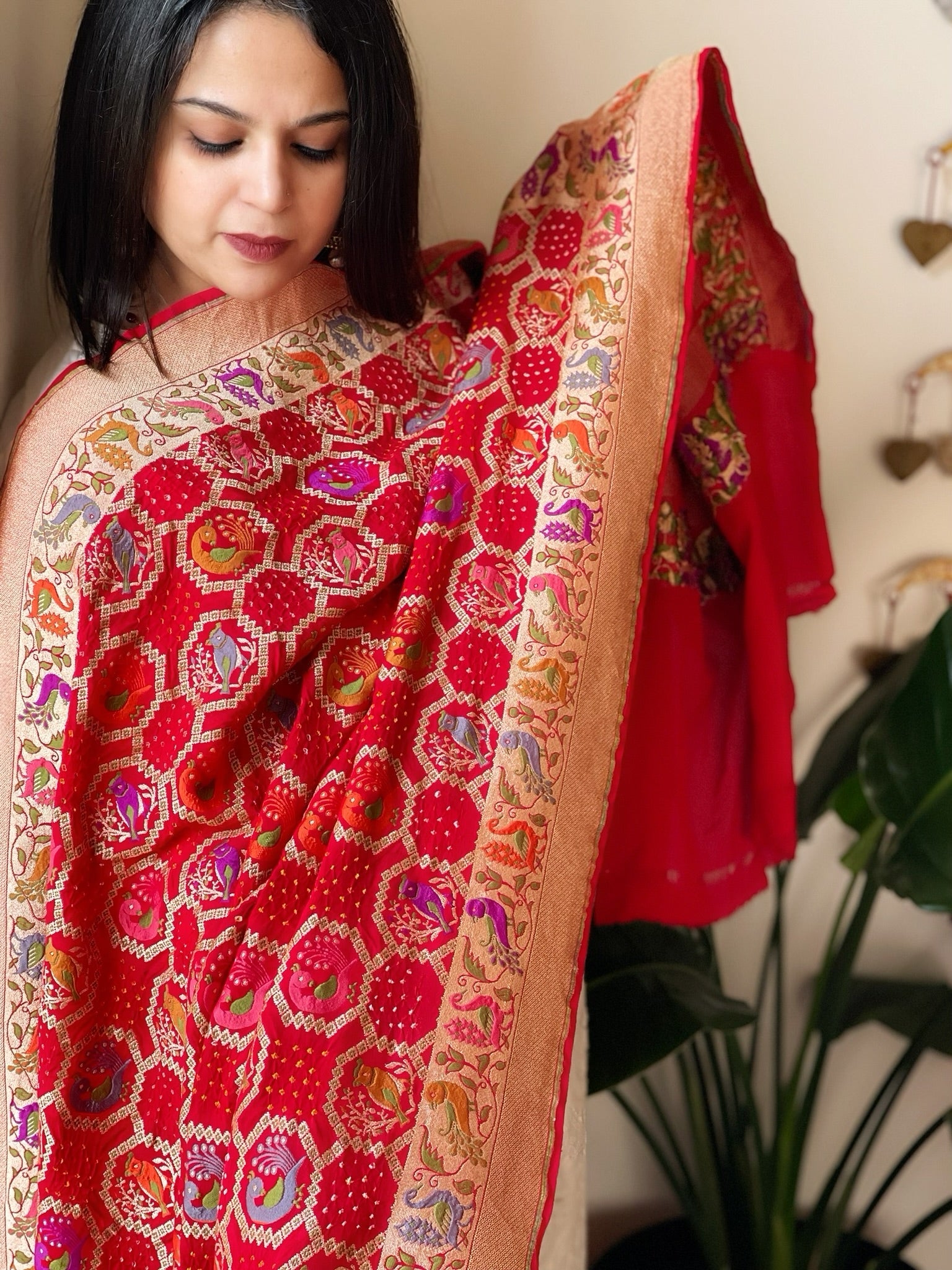 Red Rai Bandhej Dupatta with Meenakari Jaal design in Georgette - Masakalee