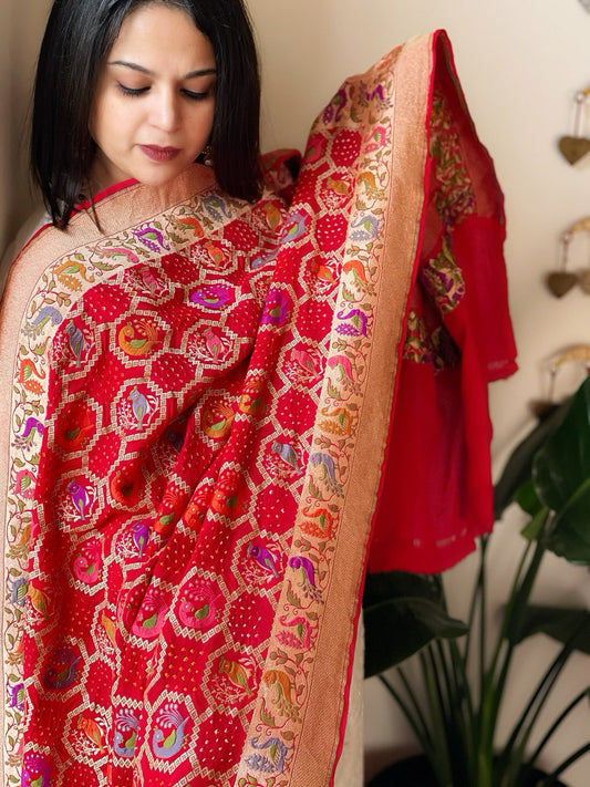 Red Rai Bandhej Dupatta with Meenakari Jaal design in Georgette - Masakalee