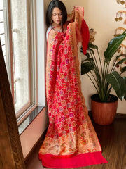 Red Rai Bandhej Dupatta with Meenakari Jaal design in Georgette - Masakalee