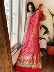 Red Rai Bandhej Dupatta with Meenakari Jaal design in Georgette - Masakalee