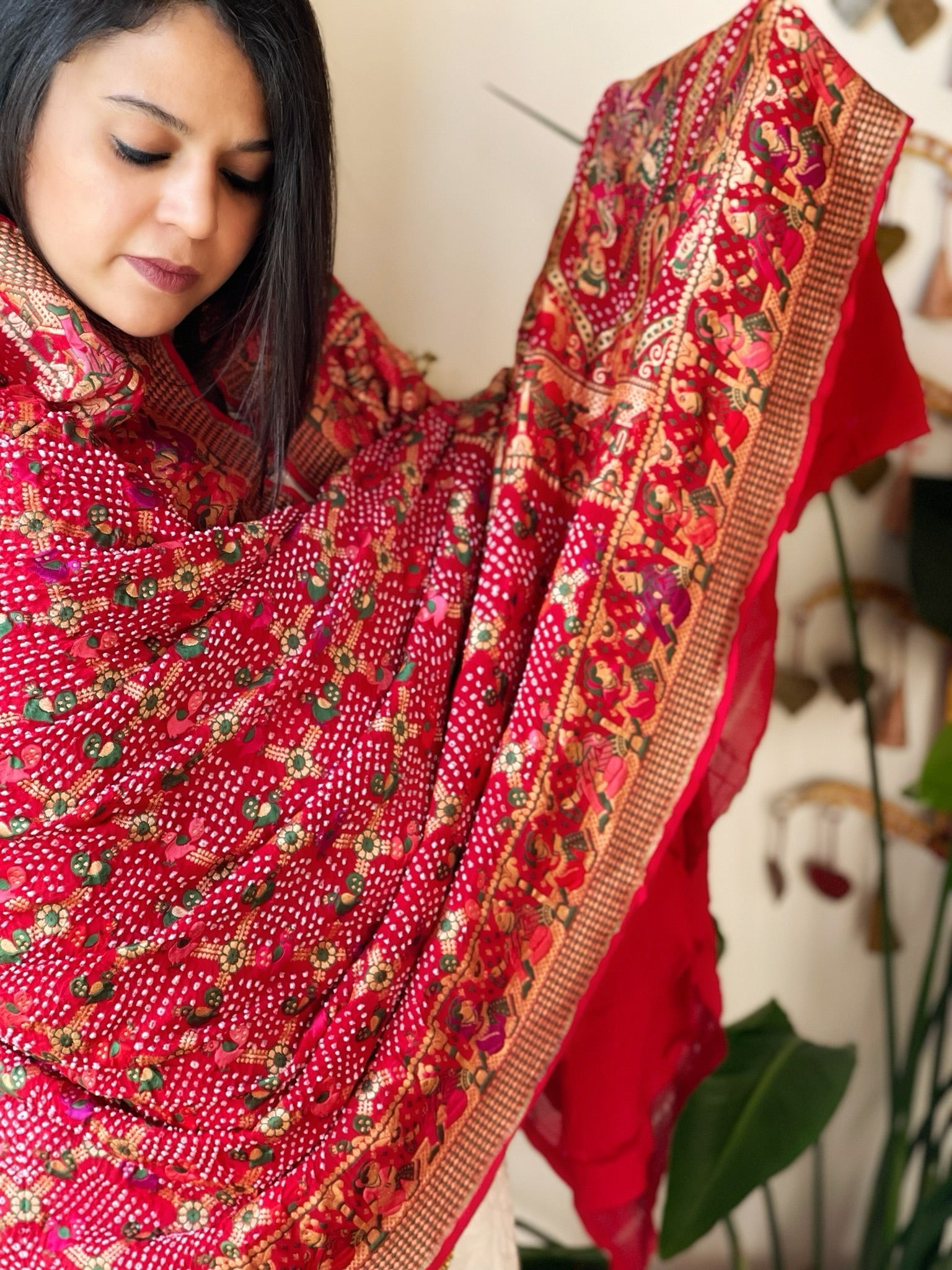 Red Rai Bandhej Dupatta with Meenakari Jaal design in Georgette - Masakalee
