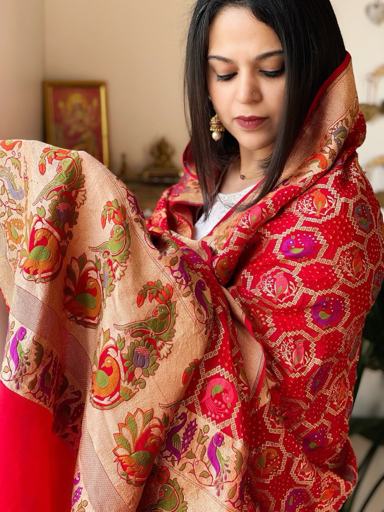 Red Rai Bandhej Dupatta with Meenakari Jaal design in Georgette - Masakalee