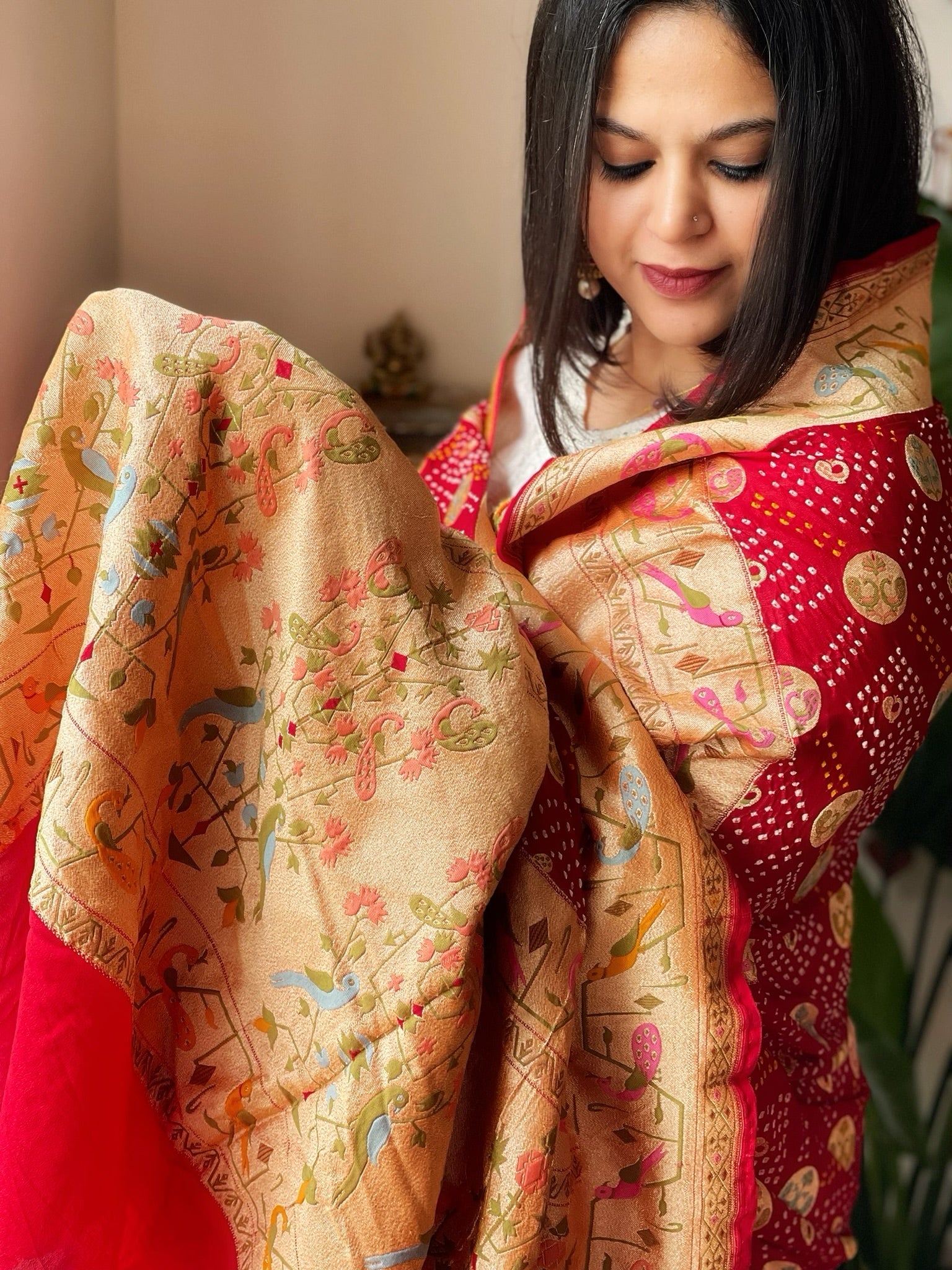 Red Rai Bandhej Dupatta with Meenakari Jaal design in Pure Georgette - Masakalee