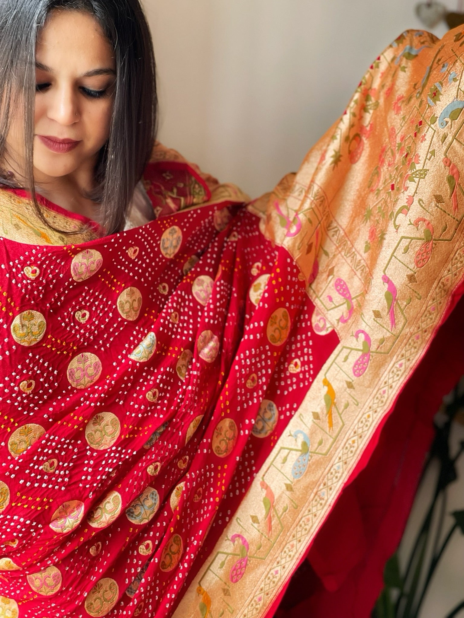 Red Rai Bandhej Dupatta with Meenakari Jaal design in Pure Georgette - Masakalee