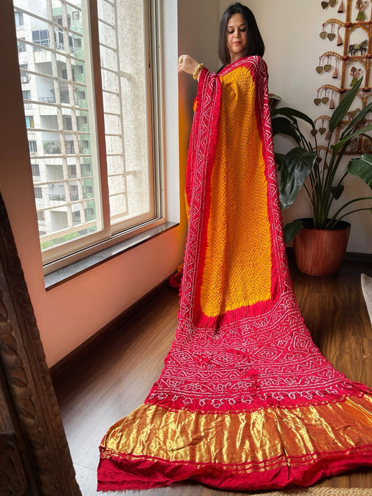 Red Rai Bandhej Saree in Pure Gajji Silk with Zari Pallu - Masakalee