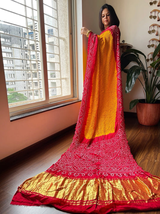 Red Rai Bandhej Saree in Pure Gajji Silk with Zari Pallu - Masakalee