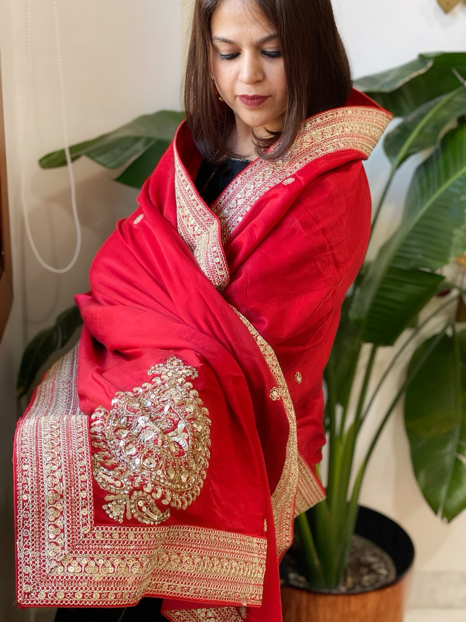Red Satin Dupatta with Sequin Butas and Heavy Embroidered Border - Masakalee