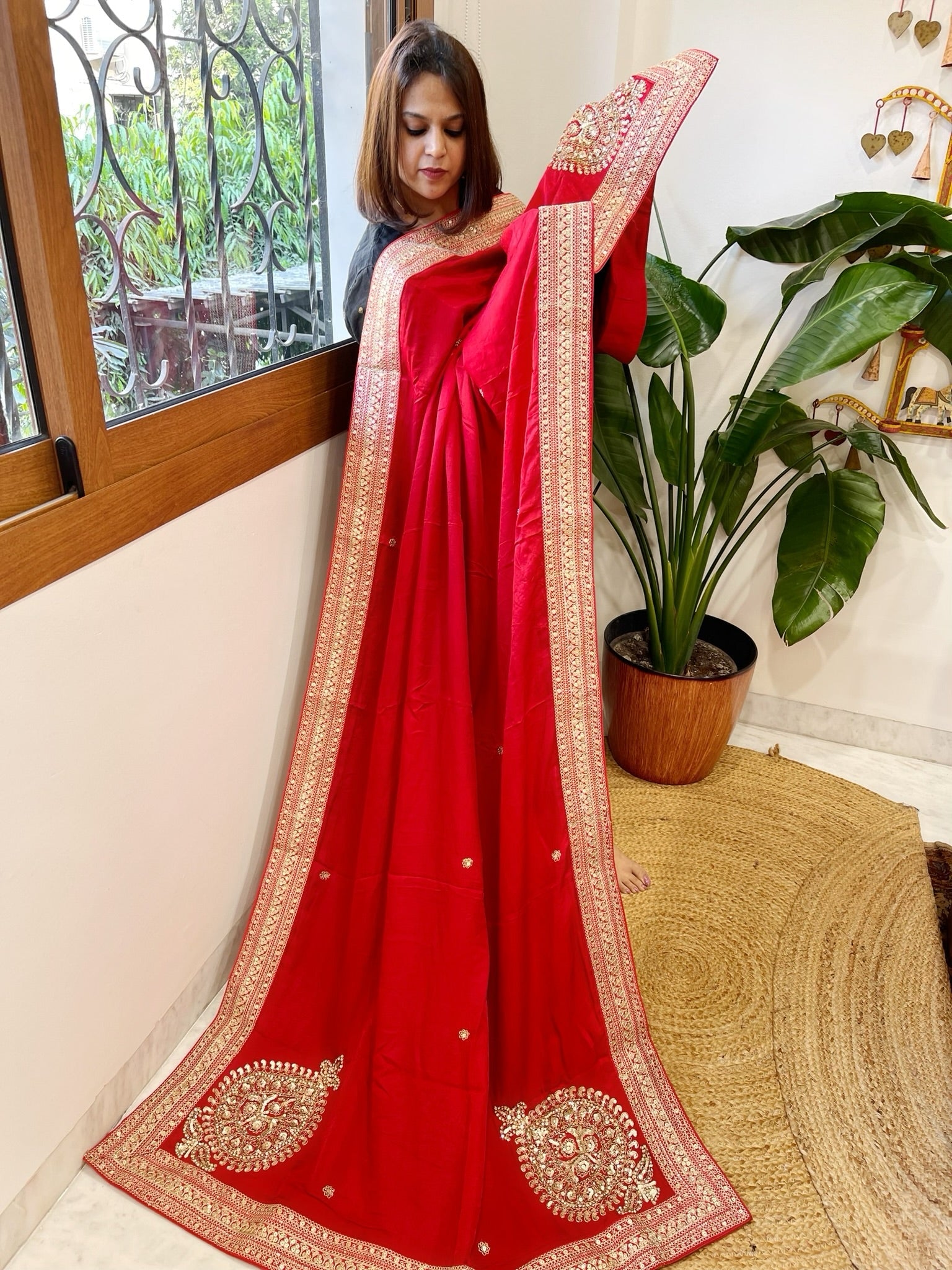 Red Satin Dupatta with Sequin Butas and Heavy Embroidered Border - Masakalee