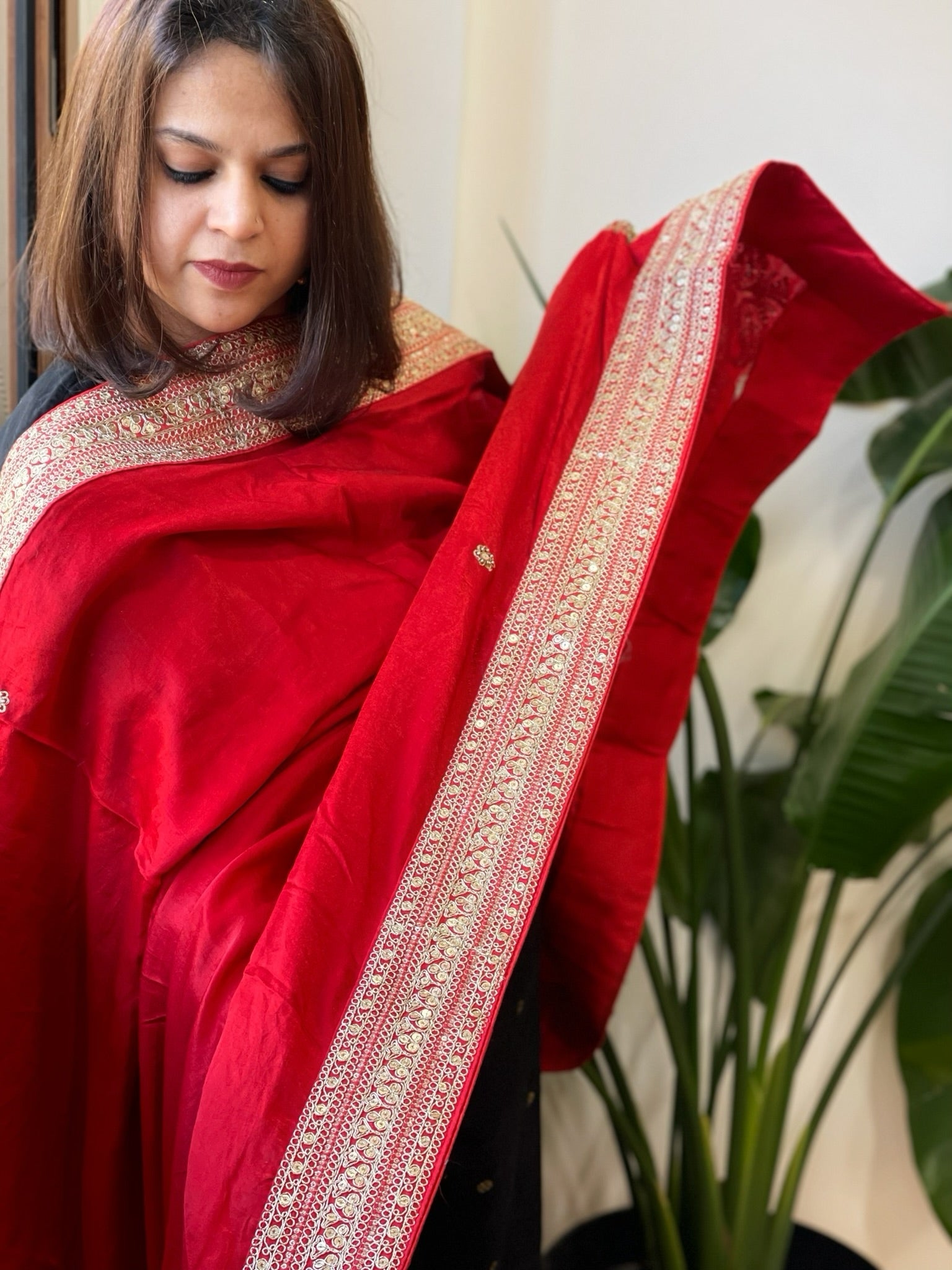 Red Satin Dupatta with Sequin Butas and Heavy Embroidered Border - Masakalee