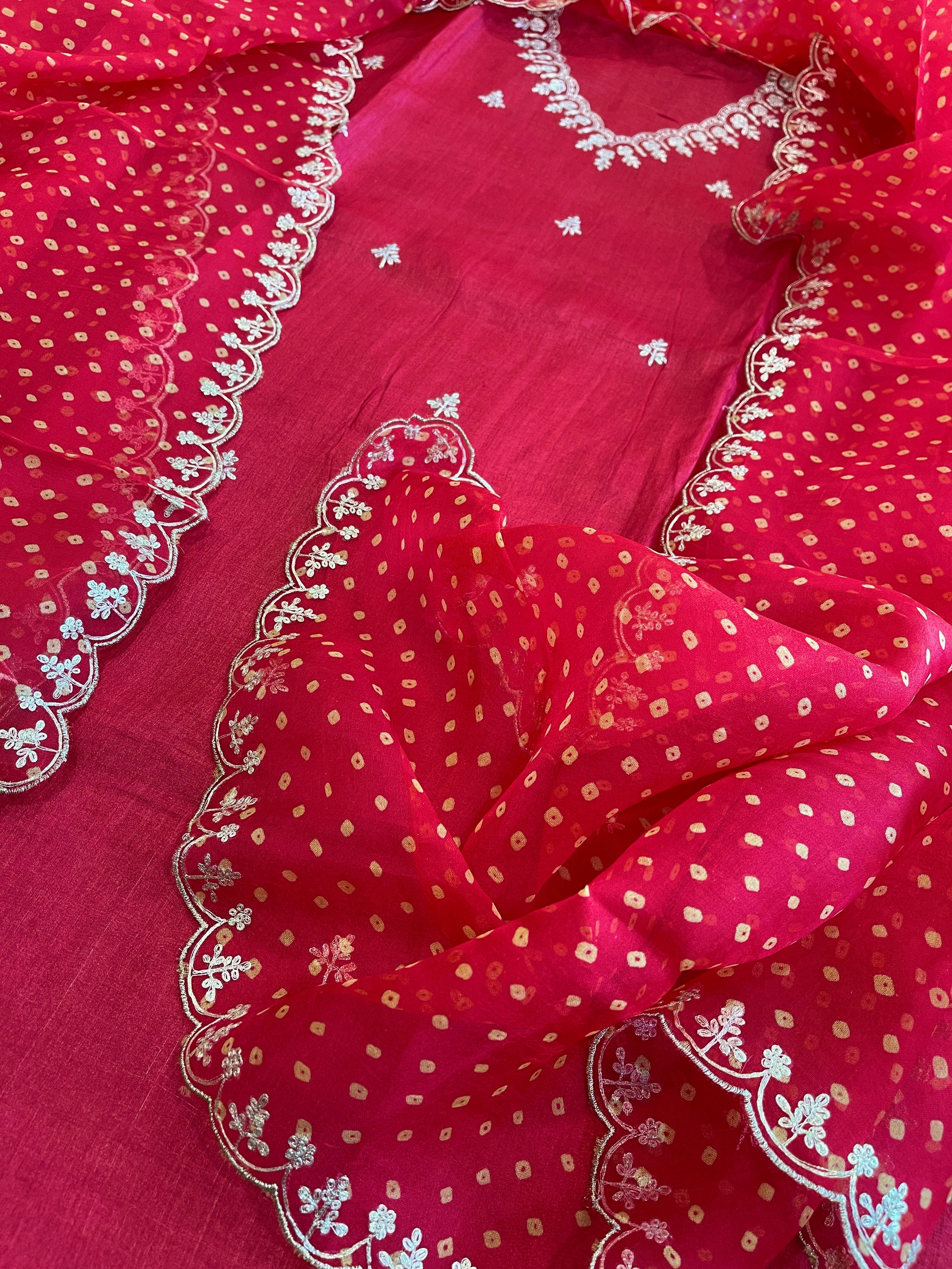 Red Suit Set with Pitta Work in Pure Tussar Silk - Masakalee