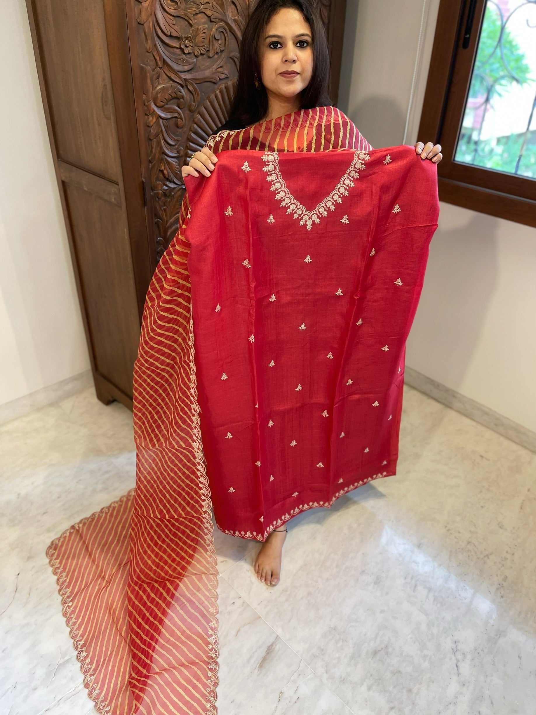 Red Suit Set with Pitta Work in Pure Tussar Silk - Masakalee