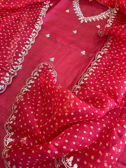 Red Suit Set with Pitta Work in Pure Tussar Silk - Masakalee