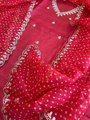Red Suit Set with Pitta Work in Pure Tussar Silk - Masakalee