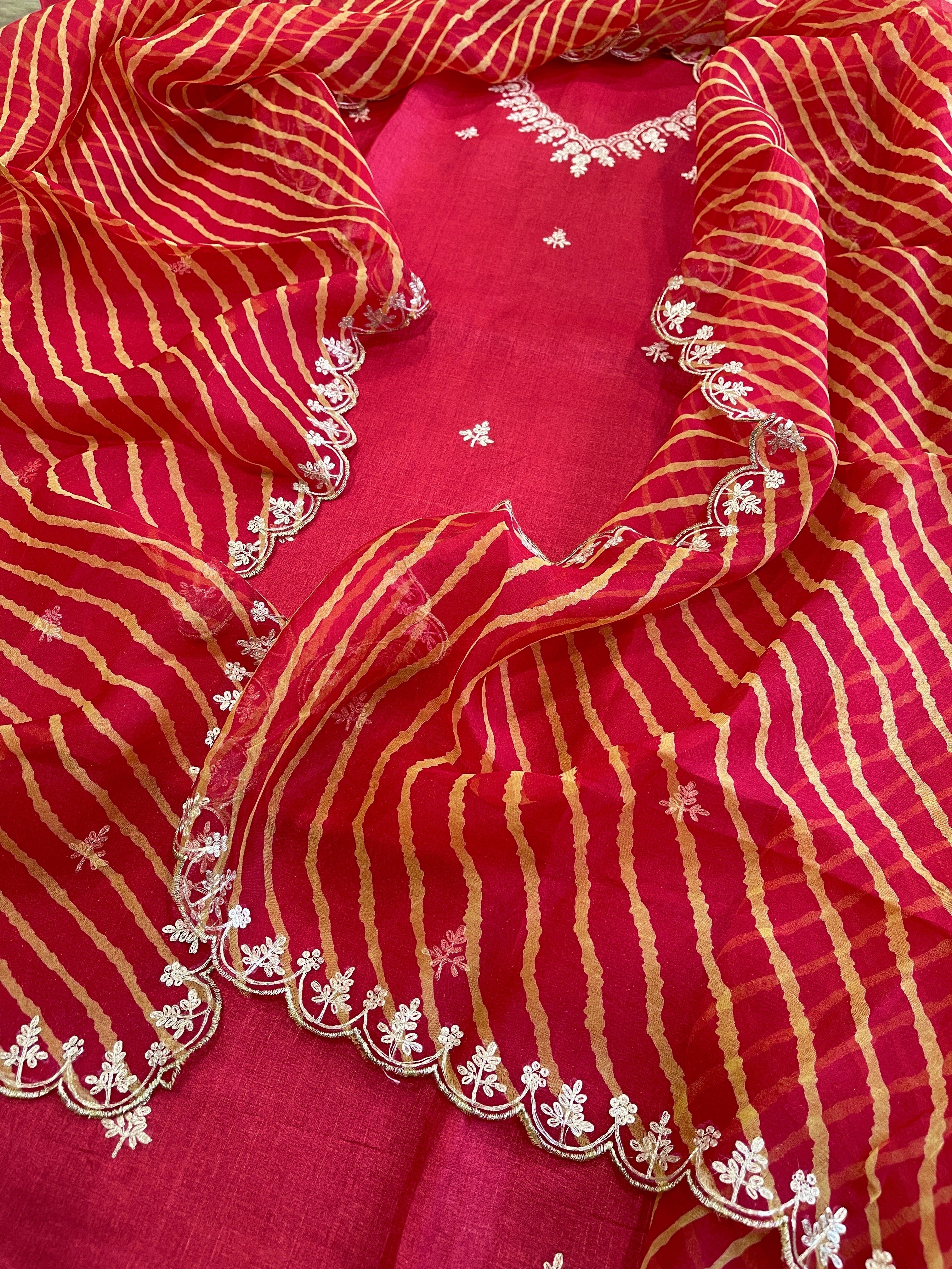 Red Suit Set with Pitta Work in Pure Tussar Silk - Masakalee