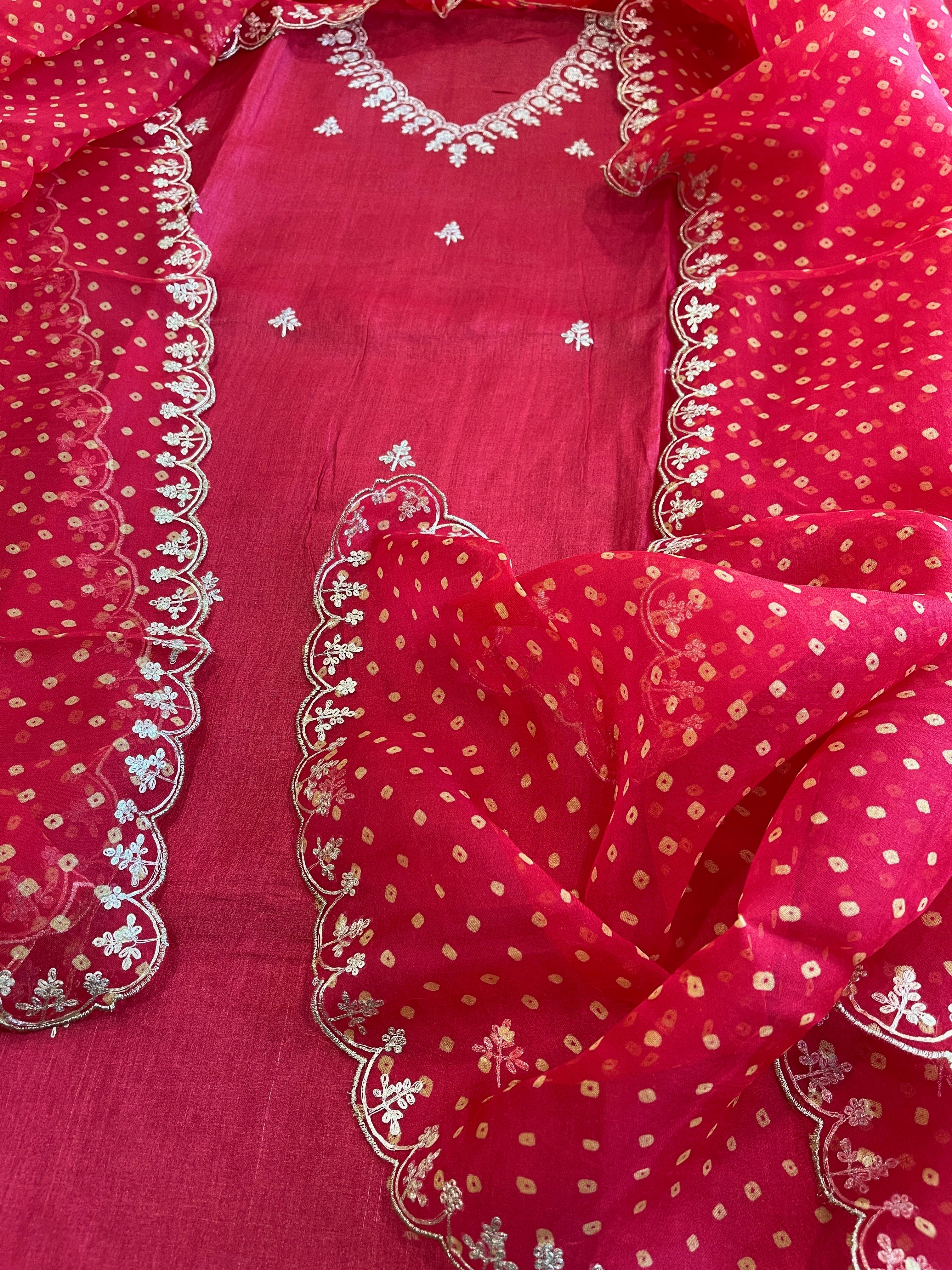 Red Suit Set with Pitta Work in Pure Tussar Silk - Masakalee